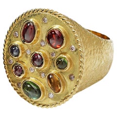 Diamond, Tourmaline, Amethyst, Garnet Cabochon Signet 18k Gold Ring