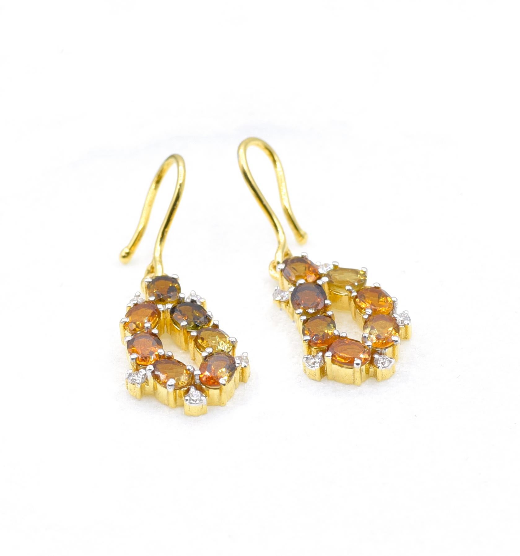 Women's Diamond and Tourmaline Earrings in 18 Karat Yellow Gold For Sale