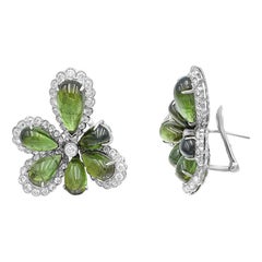 Diamond Tourmaline Fancy Flower 18 Karat White Gold Earrings