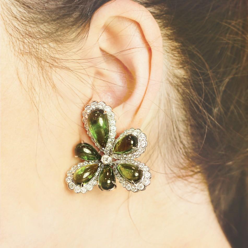 Modern Diamond Tourmaline Fancy Flower 18 Karat White Gold Earrings For Sale