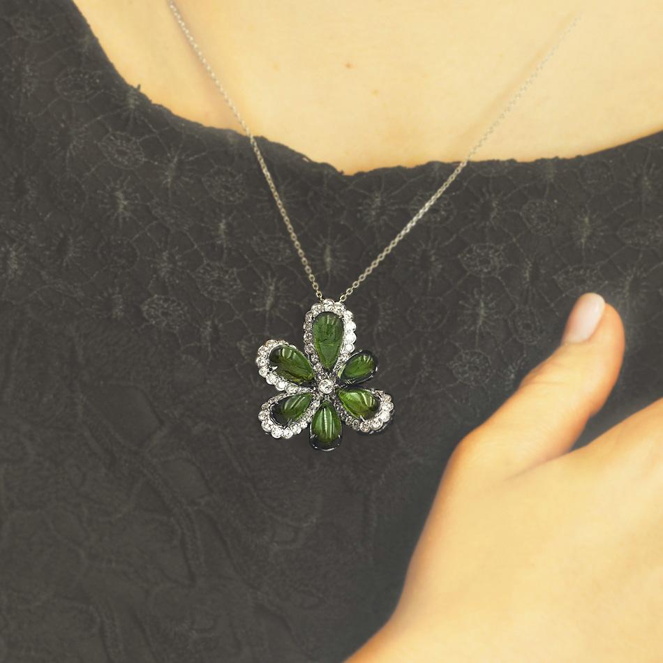 Round Cut Diamond Tourmaline Fancy Flower 18 Karat White Gold Necklace