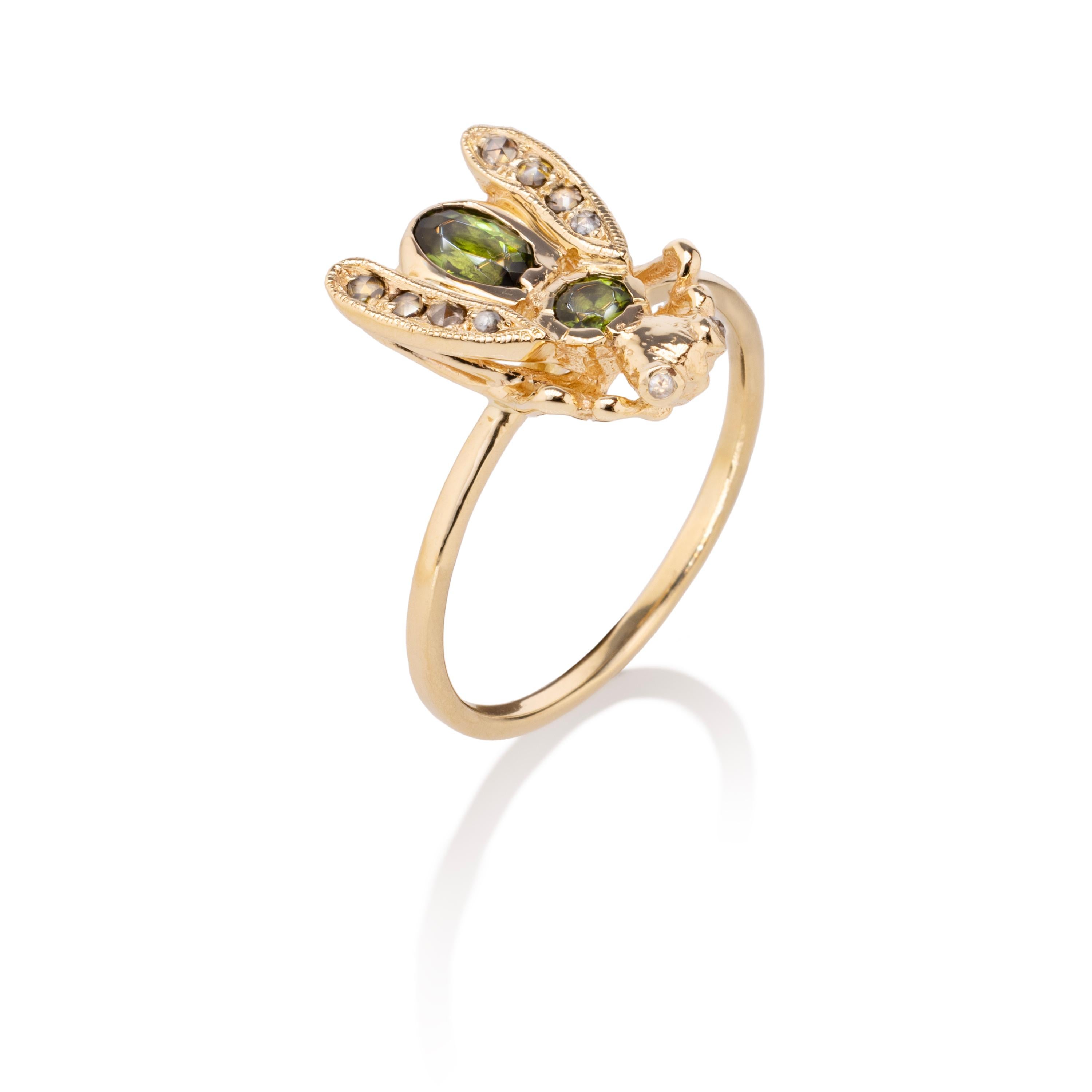 Vittoriano Anello Bug in oro con tormalina e diamanti in vendita