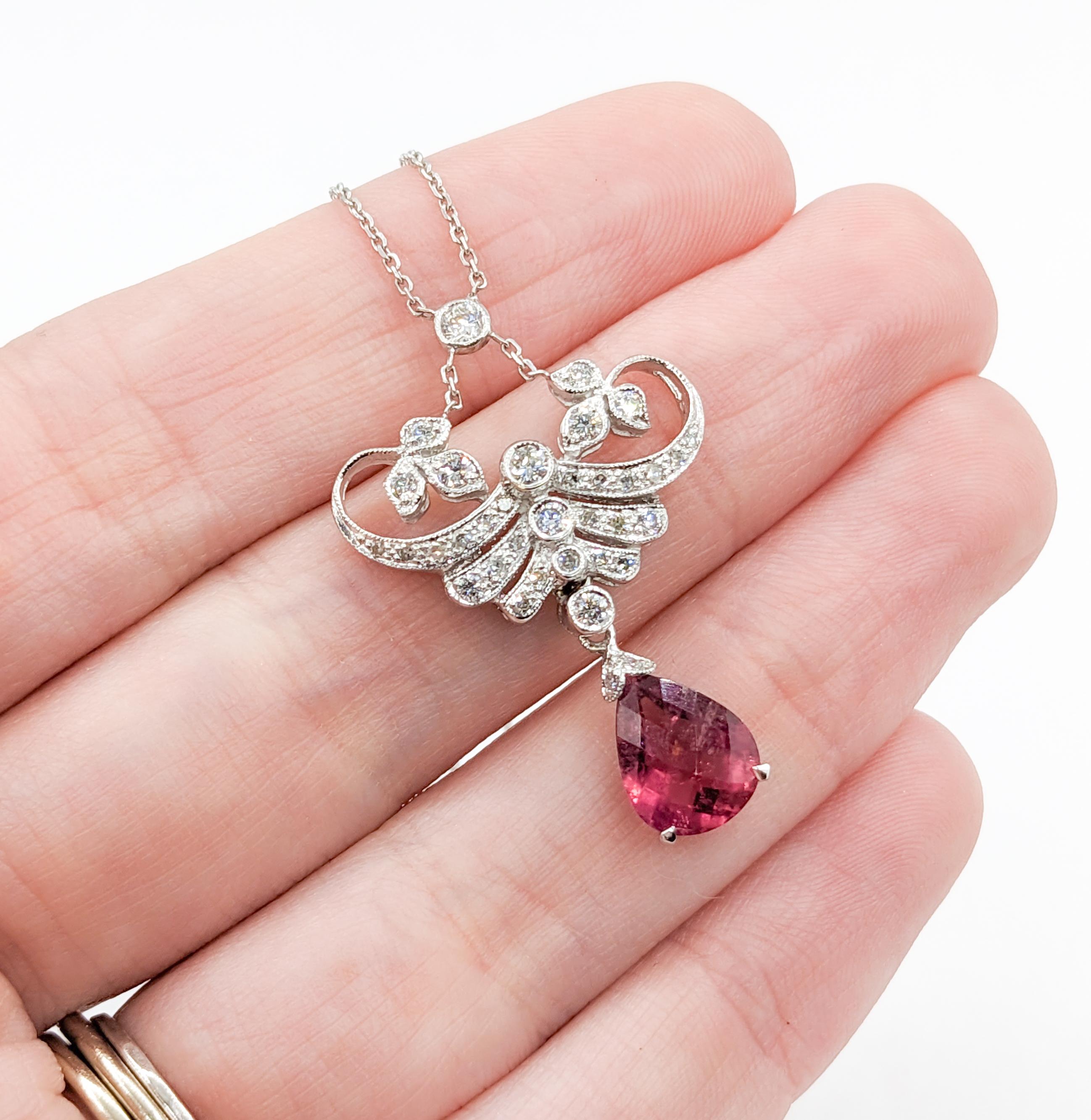 Diamond & Tourmaline Lavaliere - 18K White Gold

Crafted from 18kt white gold, this exquisite necklace showcases a stunning 1.65ct pear-cut tourmaline that elegantly dangles beneath round brilliant-cut diamonds weighing 0.35ctw. The diamonds boast a
