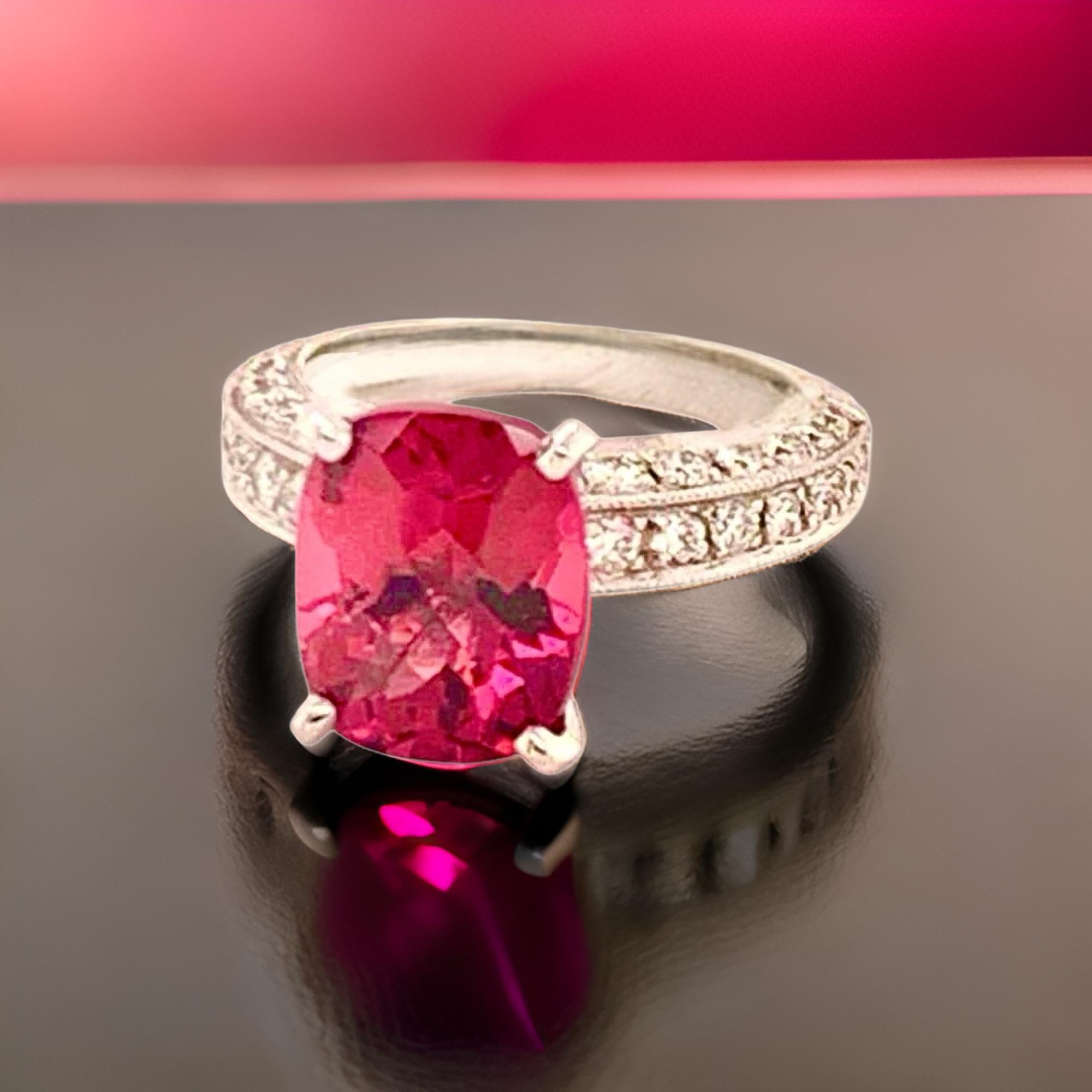 Diamond Tourmaline Rubellite Ring 3 Platinum 3.72 TCW Certified For Sale 4