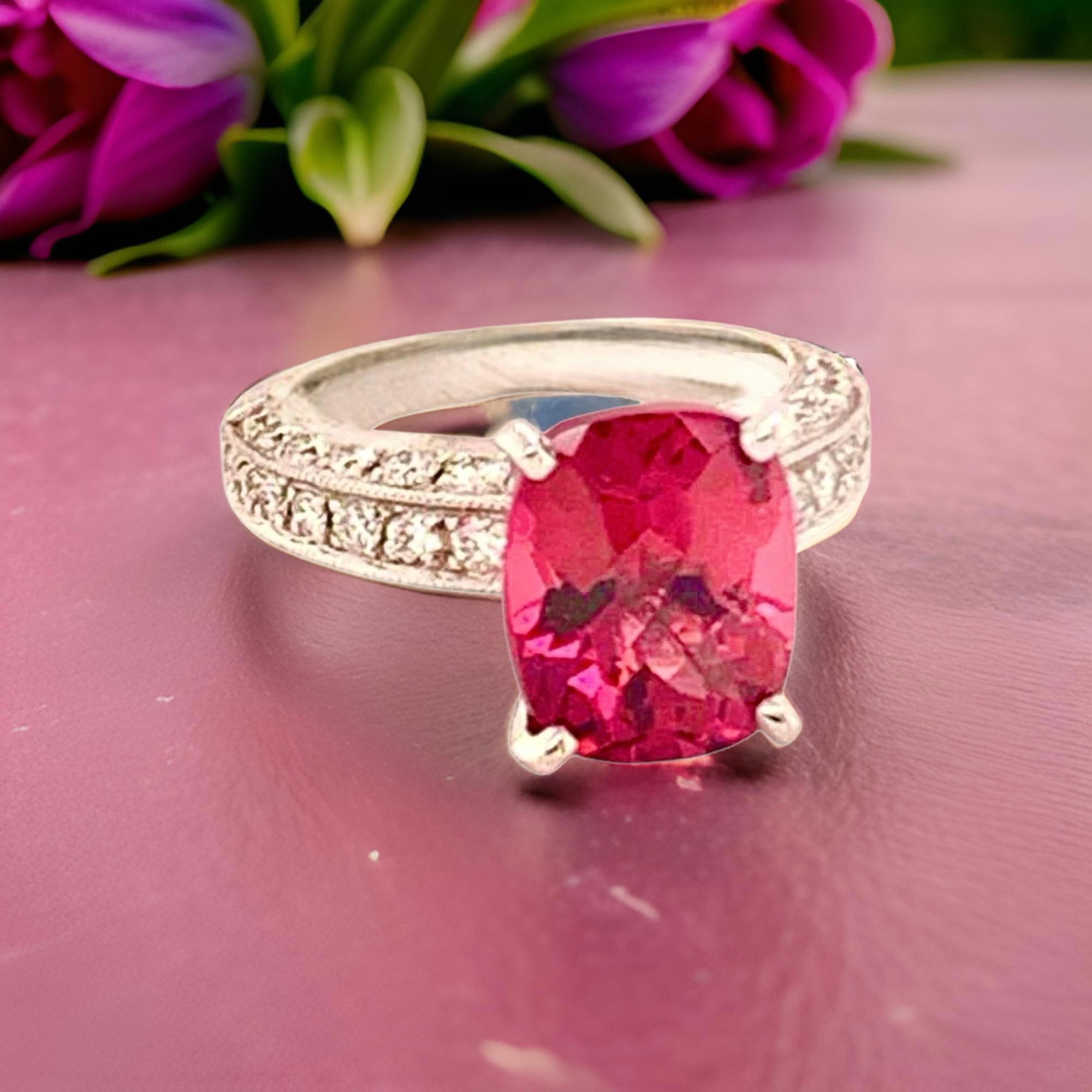 Diamond Tourmaline Rubellite Ring 3 Platinum 3.72 TCW Certified For Sale 11