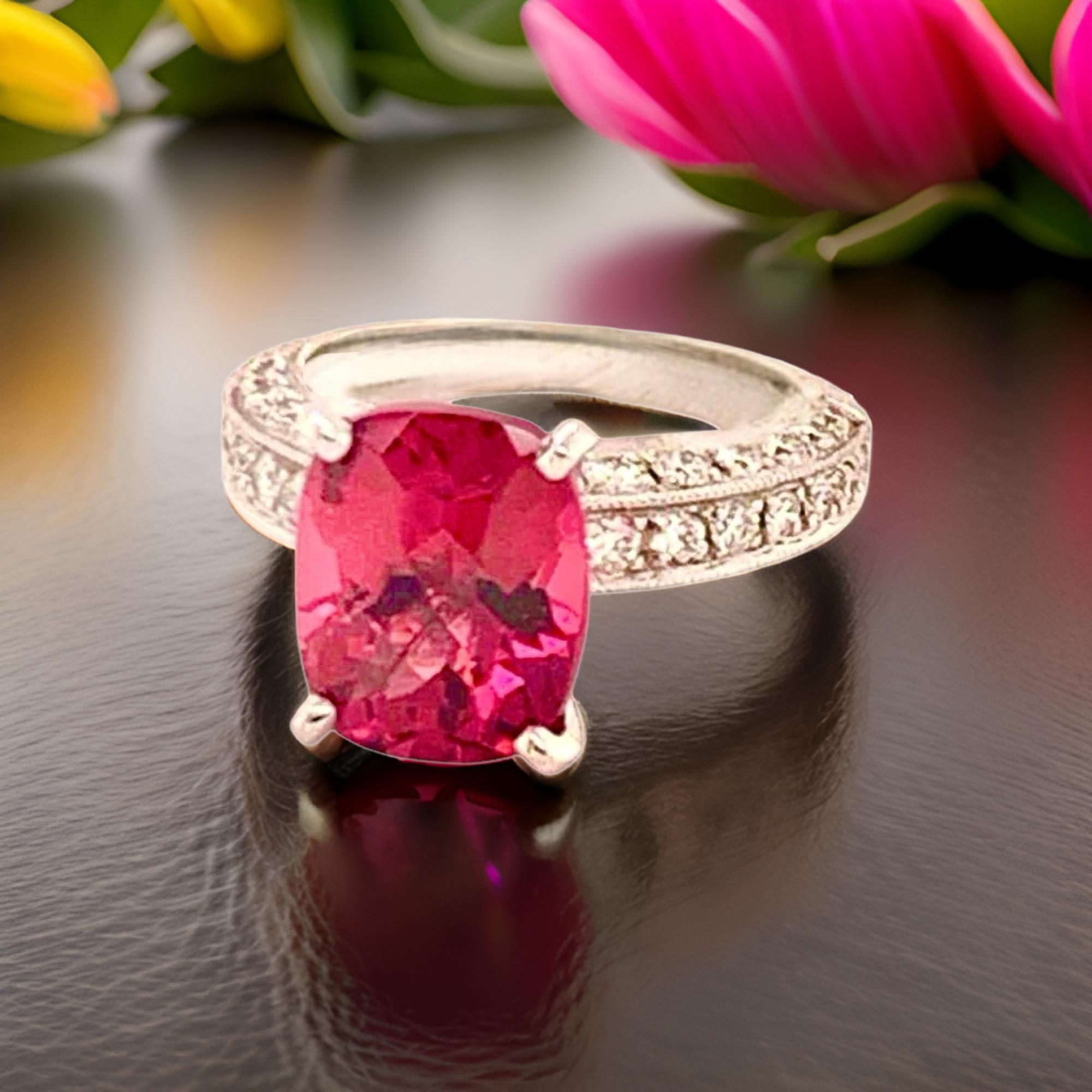 Cushion Cut Diamond Tourmaline Rubellite Ring 3 Platinum 3.72 TCW Certified For Sale