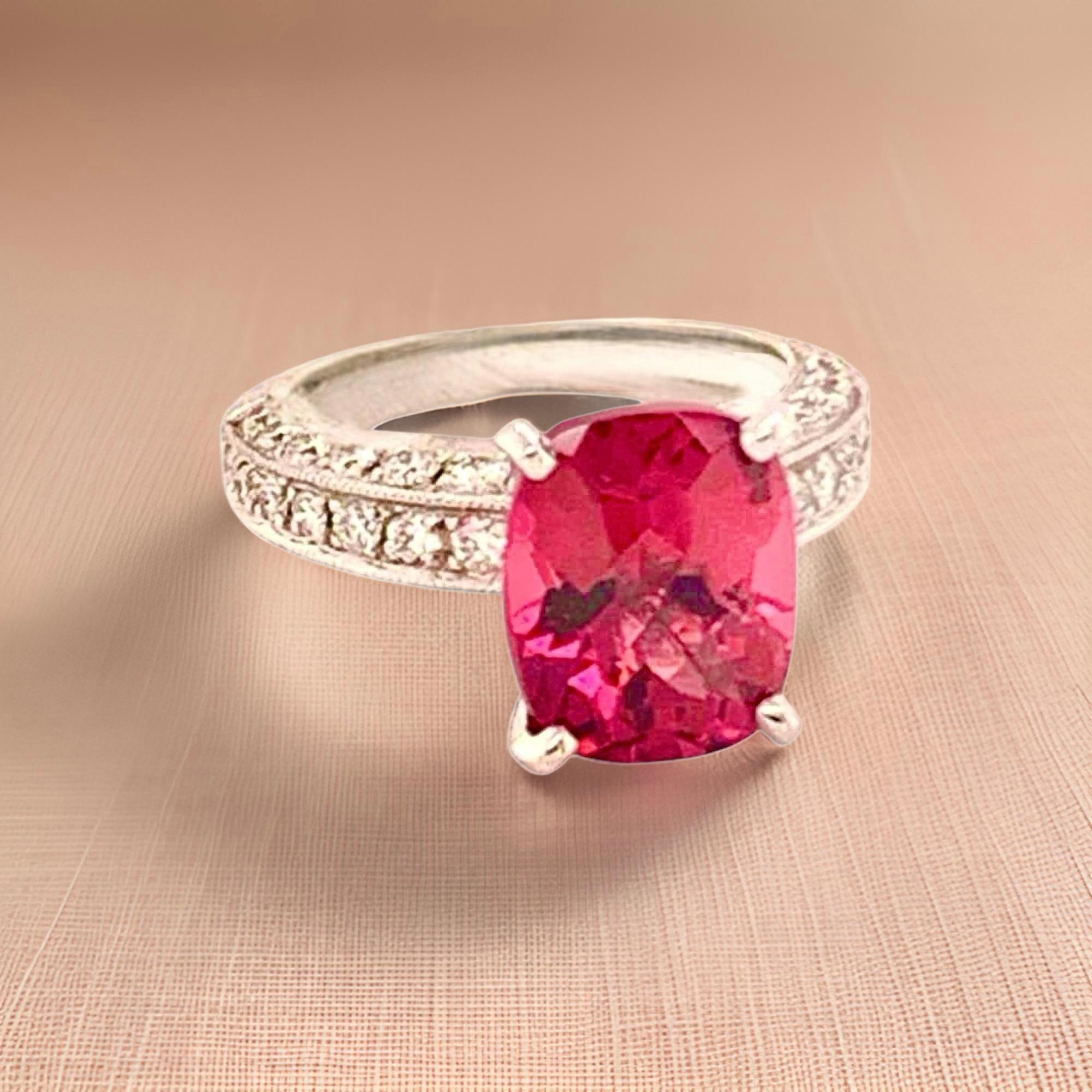Women's Diamond Tourmaline Rubellite Ring 3 Platinum 3.72 TCW Certified For Sale