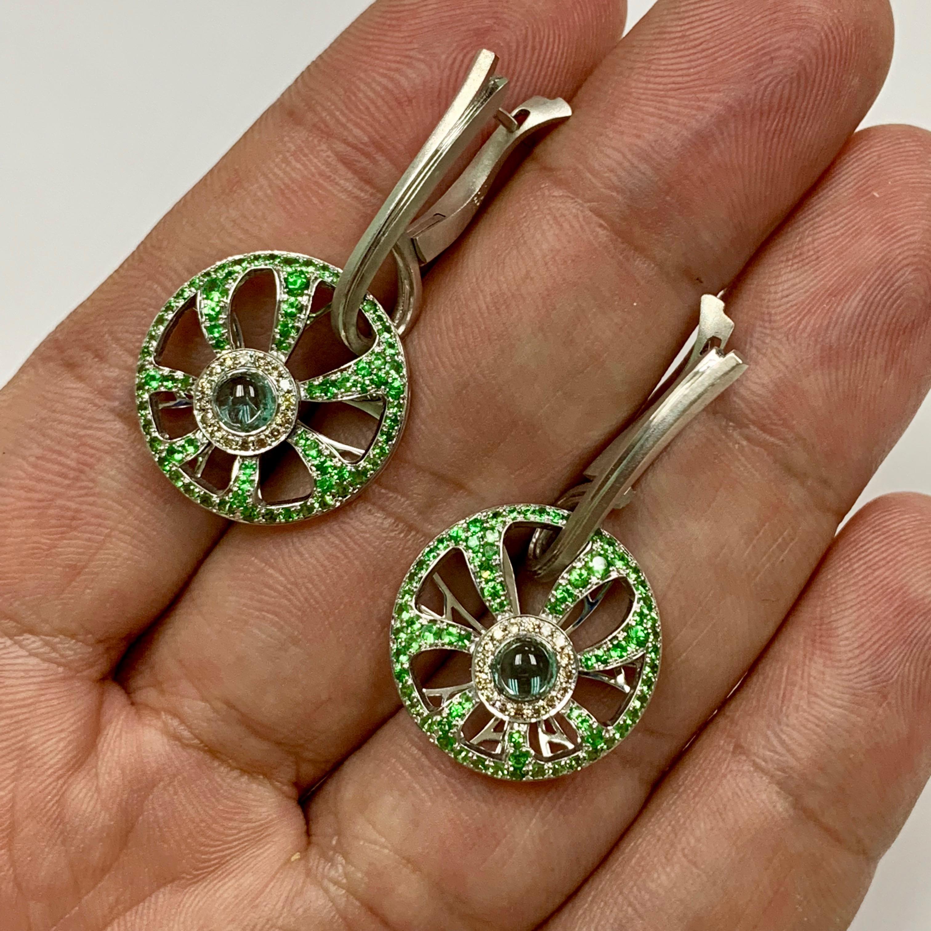 Contemporary Diamond Tourmaline Tsavorite 18 Karat White Gold Earrings For Sale