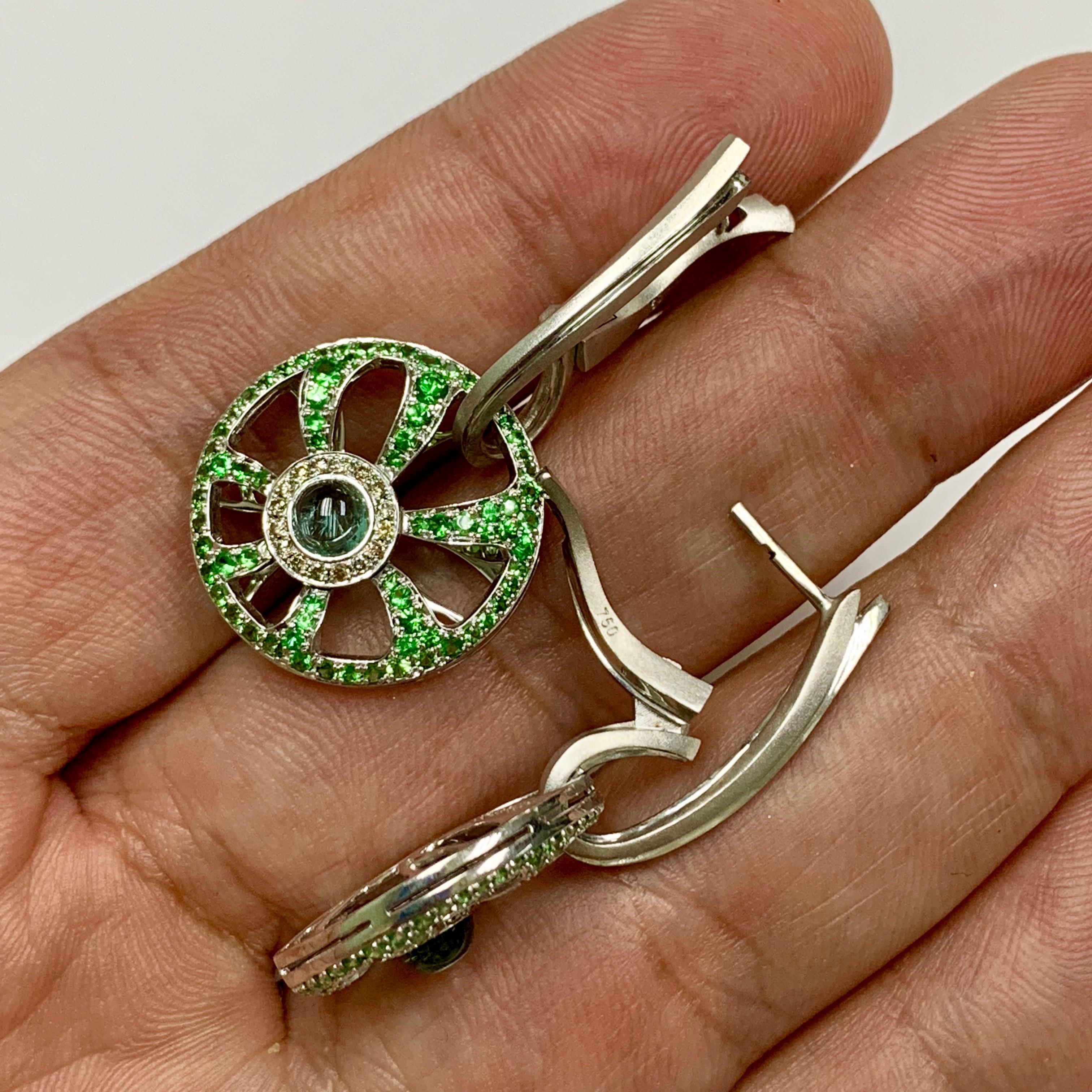 Diamond Tourmaline Tsavorite 18 Karat White Gold Earrings In New Condition For Sale In Bangkok, TH