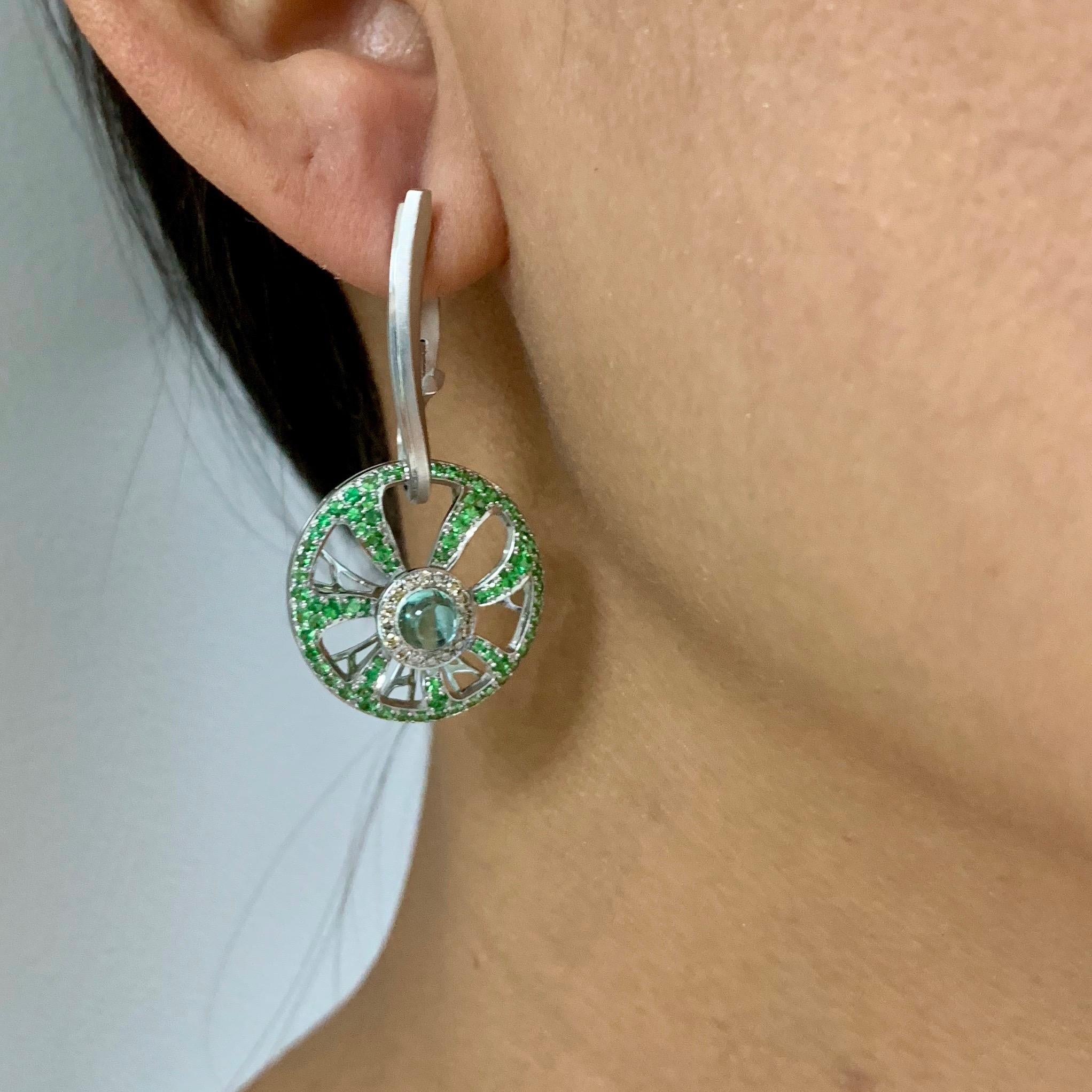 Diamond Tourmaline Tsavorite 18 Karat White Gold Earrings For Sale 1