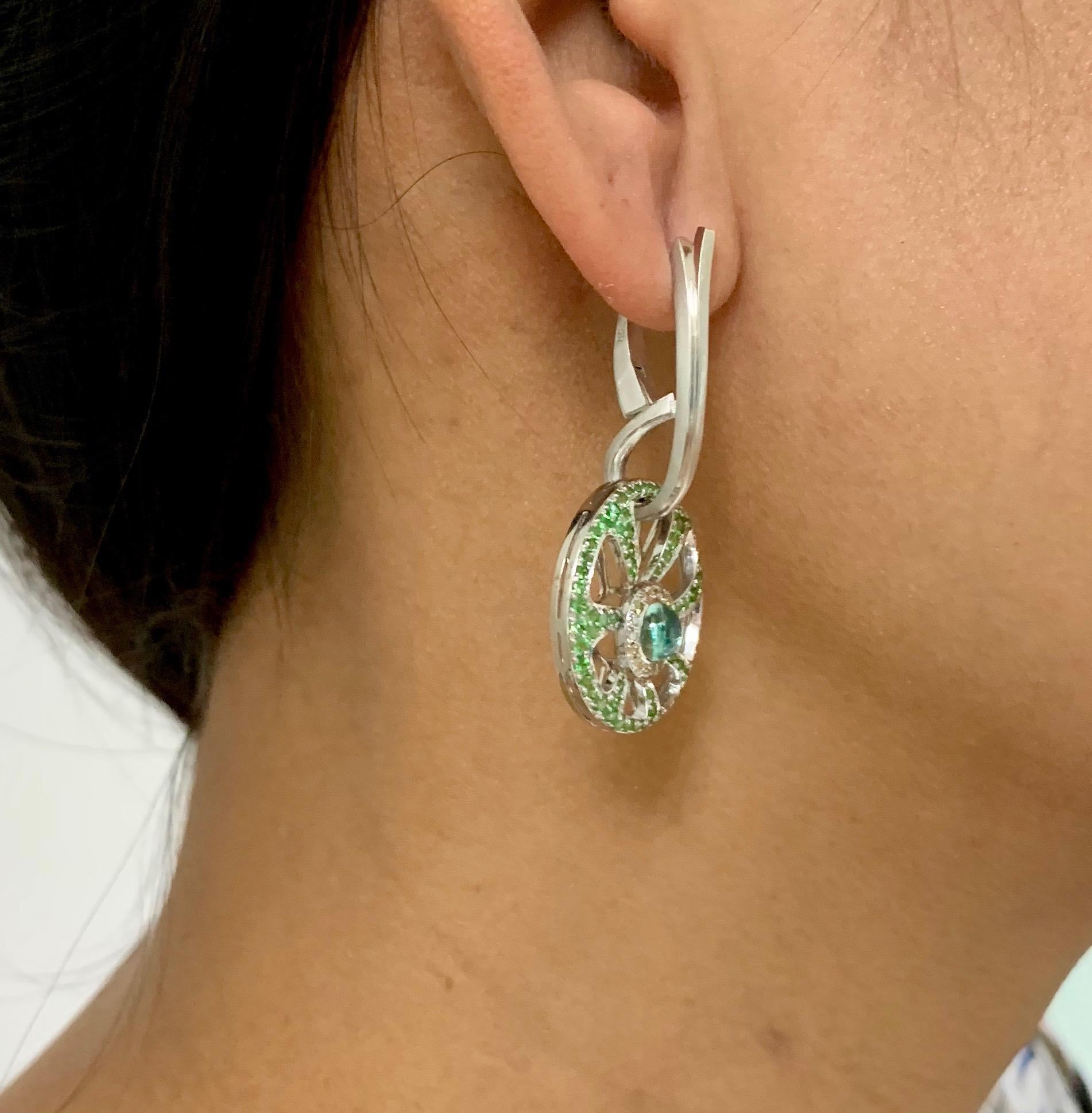 Diamond Tourmaline Tsavorite 18 Karat White Gold Earrings 2