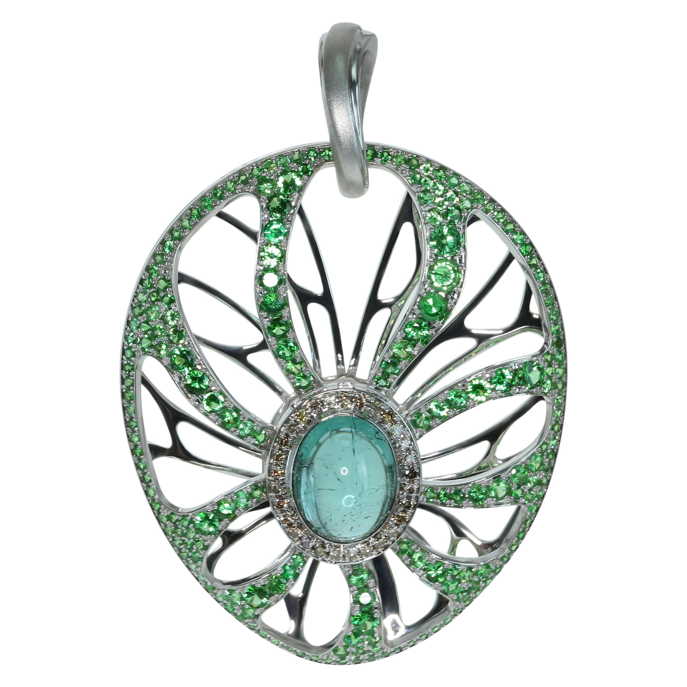 Pendentif en or blanc 18 carats avec diamants, tourmaline et tsavorite