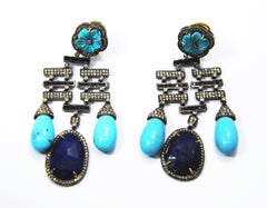 Diamond, Tourquoise, Lapislazuli Drop Earrings in 18 Karat Gold and Silver