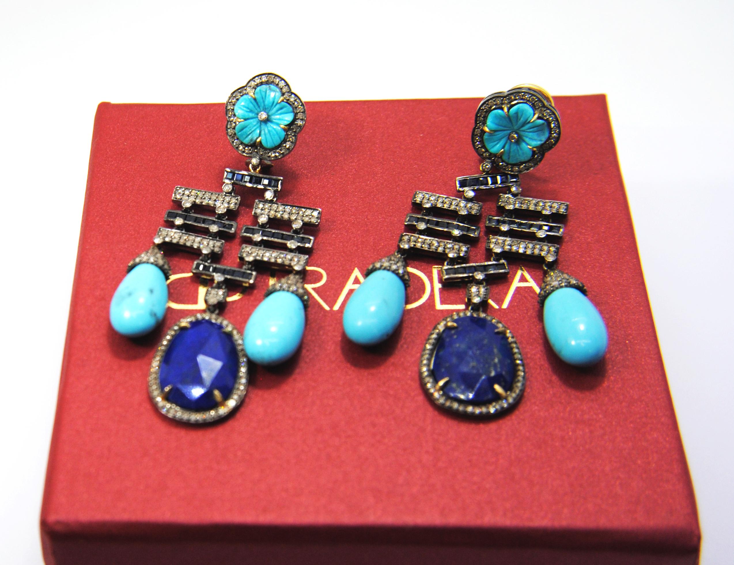 Diamond, Tourquoise, Lapislazuli Drop Earrings in 18 Karat Gold and Silver In New Condition For Sale In Bilbao, ES