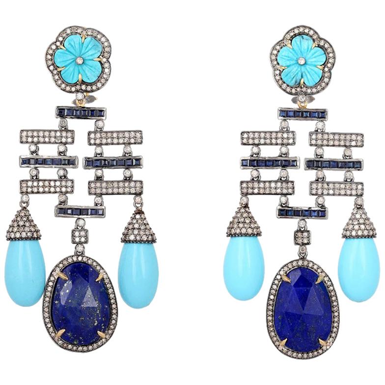 Diamond, Tourquoise, Lapislazuli Drop Earrings in 18 Karat Gold and Silver