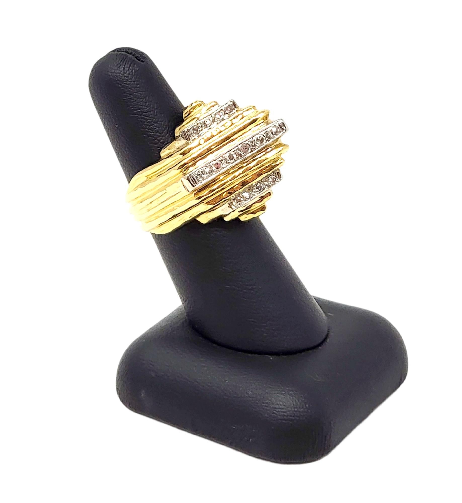 Contemporary Diamond Tower Dome Chevron Cocktail Ring 14 Karat Yellow Gold F-G / VS For Sale