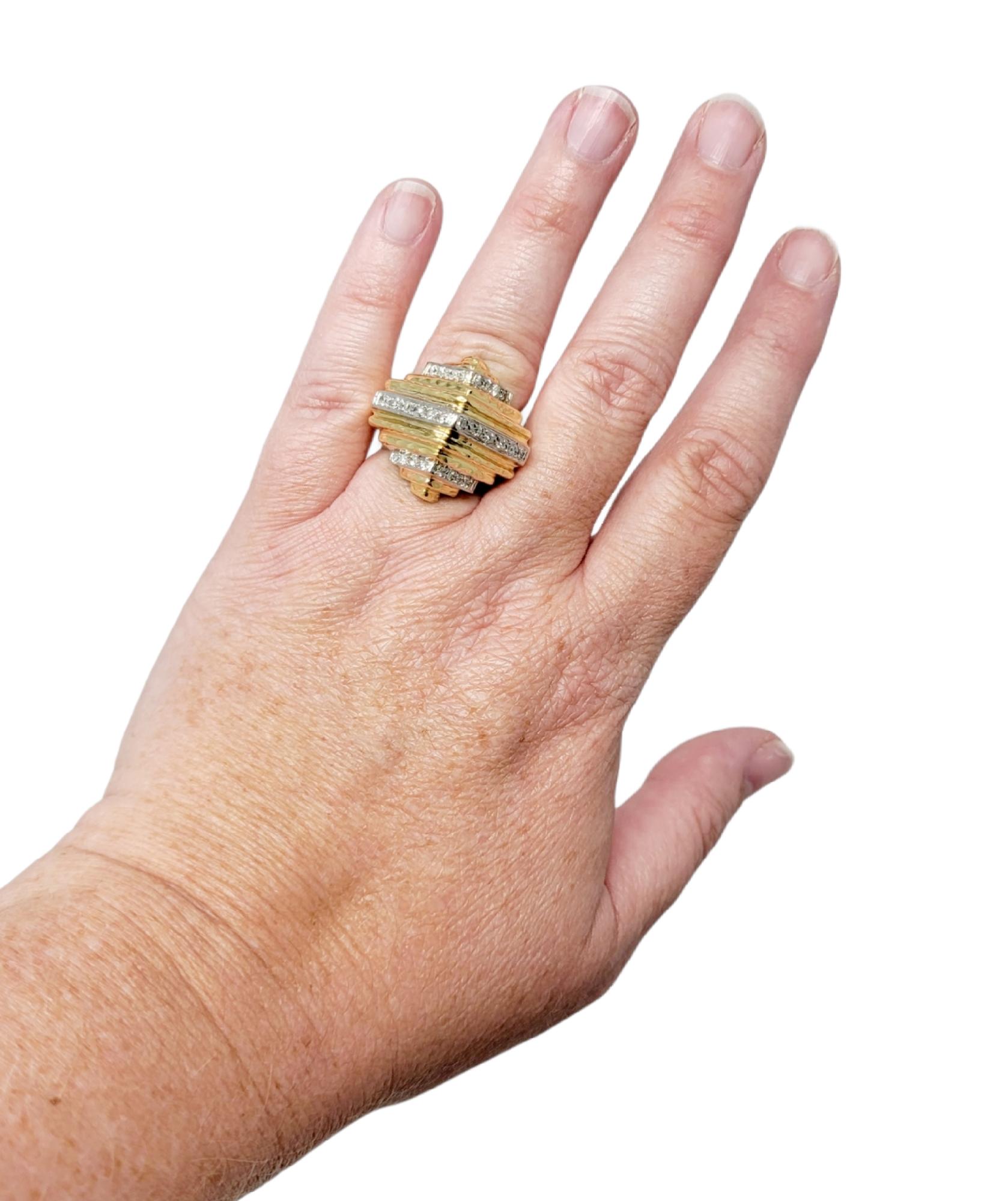 Diamond Tower Dome Chevron Cocktail Ring 14 Karat Yellow Gold F-G / VS In Good Condition For Sale In Scottsdale, AZ