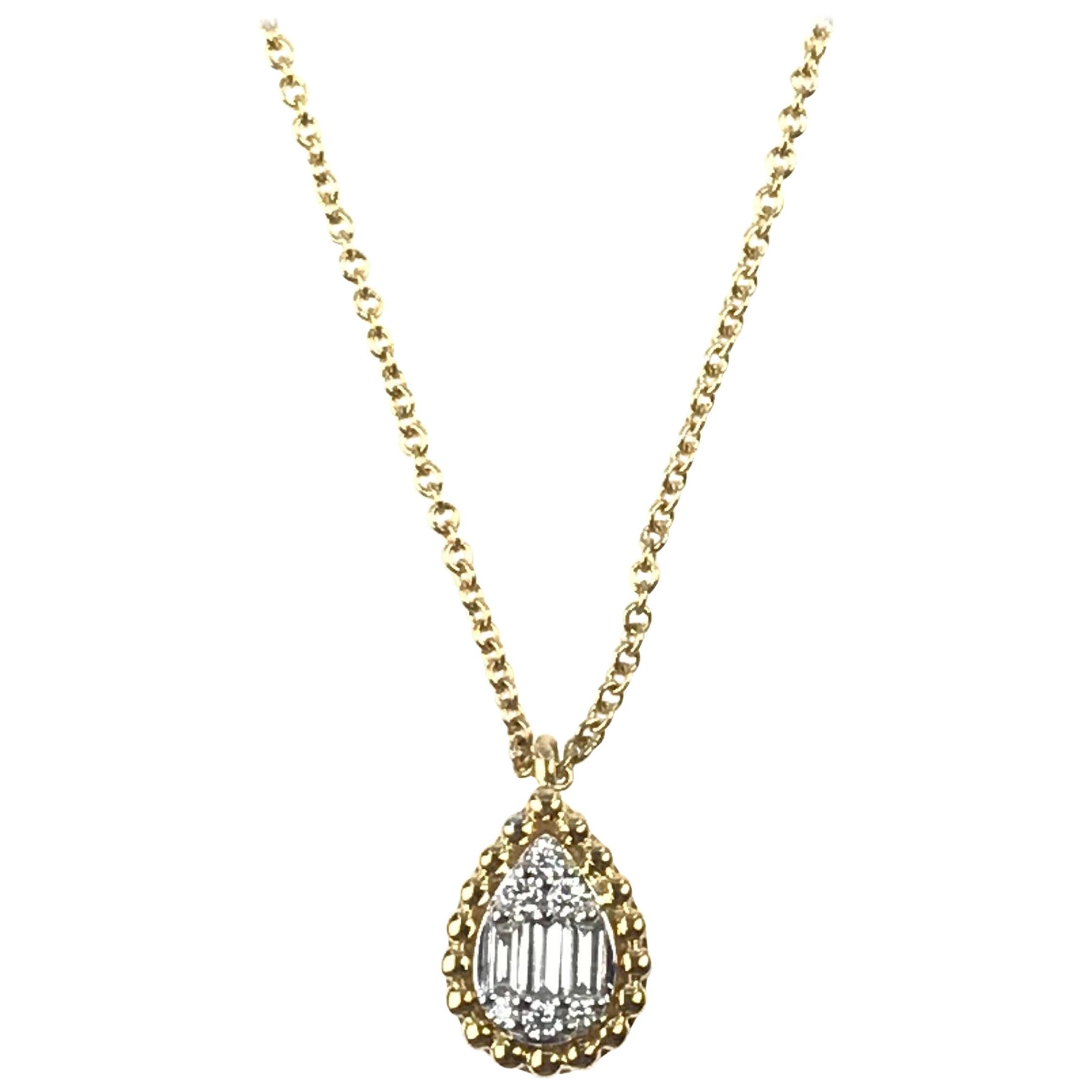 Diamond Town 0.10 Carat Baguette and Round Dia Pendant in Yellow and White Gold