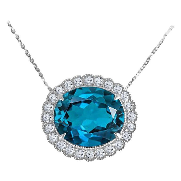 Diamond Town 10.6 Carat Blue Topaz and 0.80 Ct Diamond Pendant in 14k White Gold For Sale