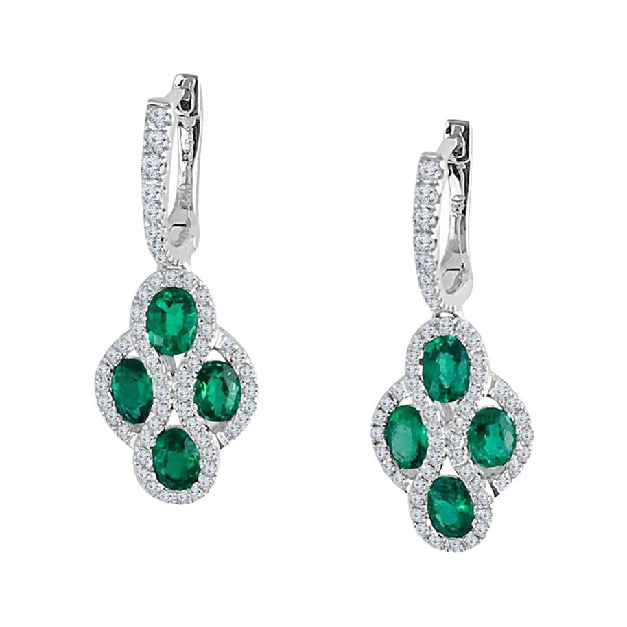 Diamond Town 1.23 Carat Fine Emerald and Diamond Earrings in 18 Karat White Gold