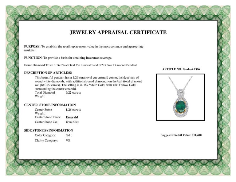 Diamond Town 1.26 Carat Oval Cut Emerald and 0.22 Carat Diamond Pendant For Sale 4