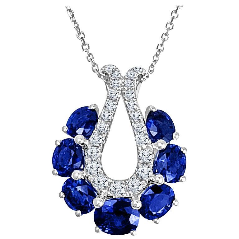 Diamond Town 2.08 Carat Oval Cut Blue Sapphire and Diamond Pendant