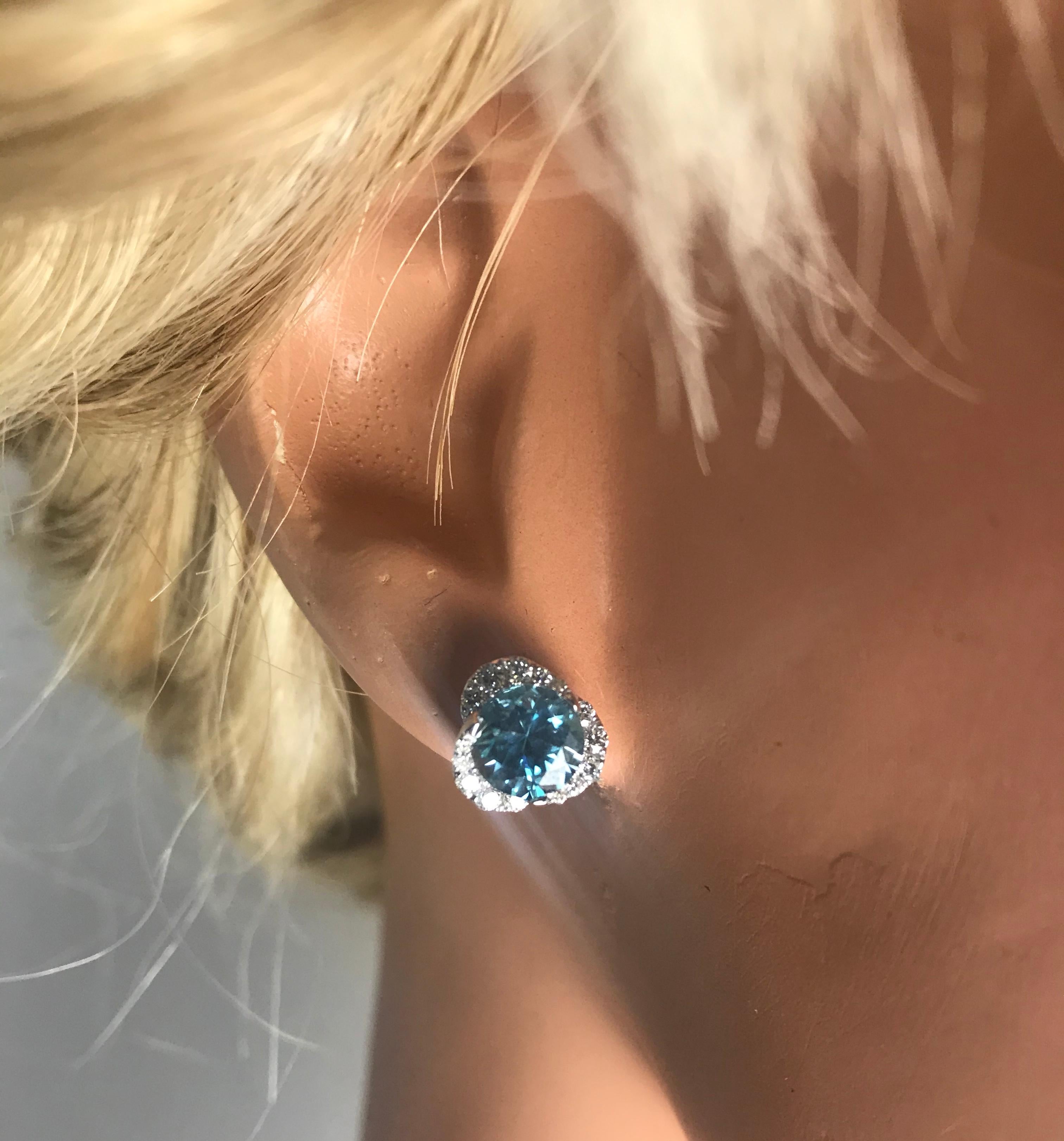 Contemporary DiamondTown 2.66 Carat Round Blue Zircon and Diamond Earrings in 14k White Gold For Sale