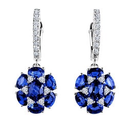 Diamond Town 3.41 Carat Blue Sapphire Dangle Flower Earrings in 18 Karat Gold