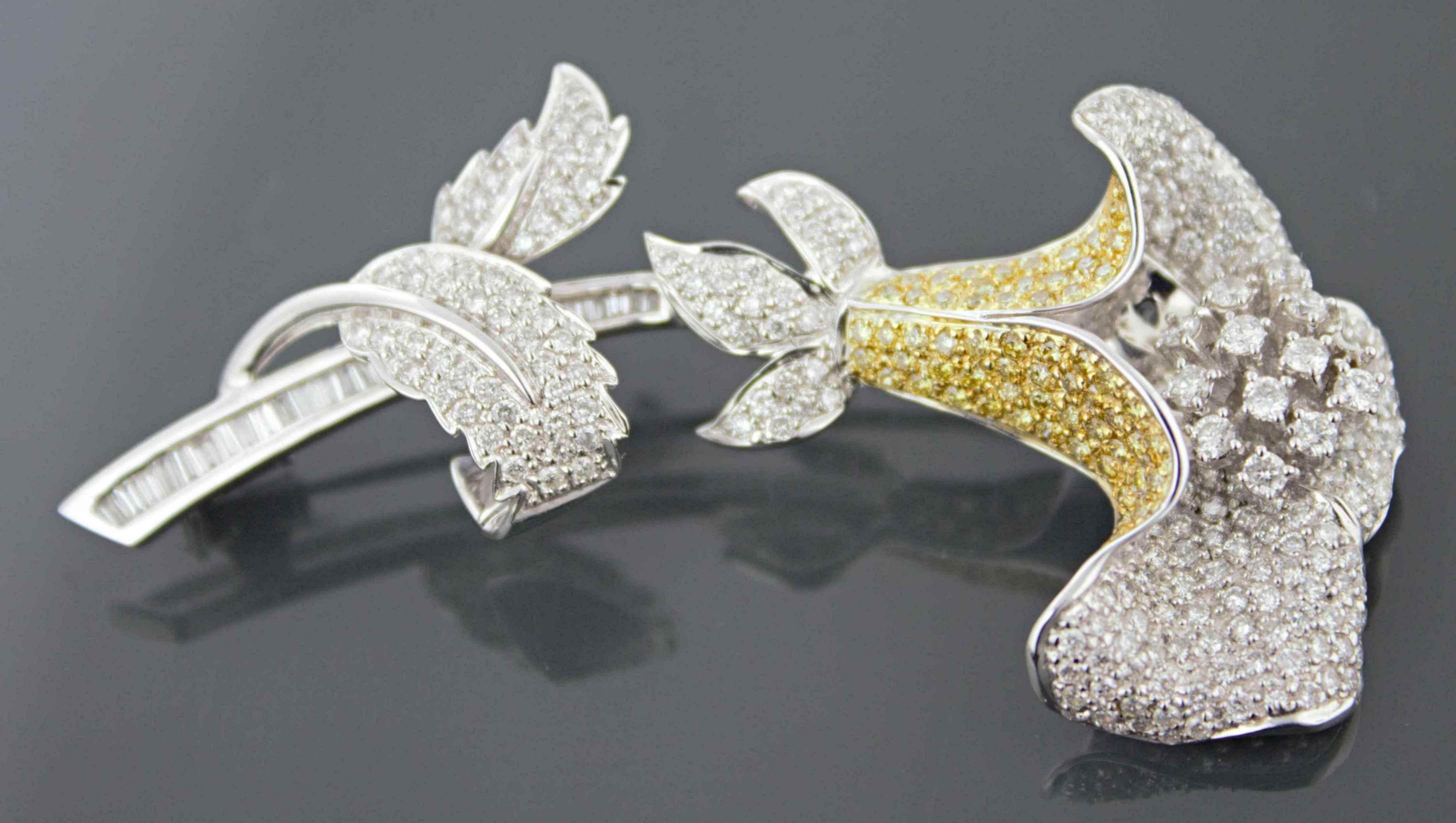 Mixed Cut Diamond, Treated Yellow Diamond, 18k White Gold Flower Brooch For Sale