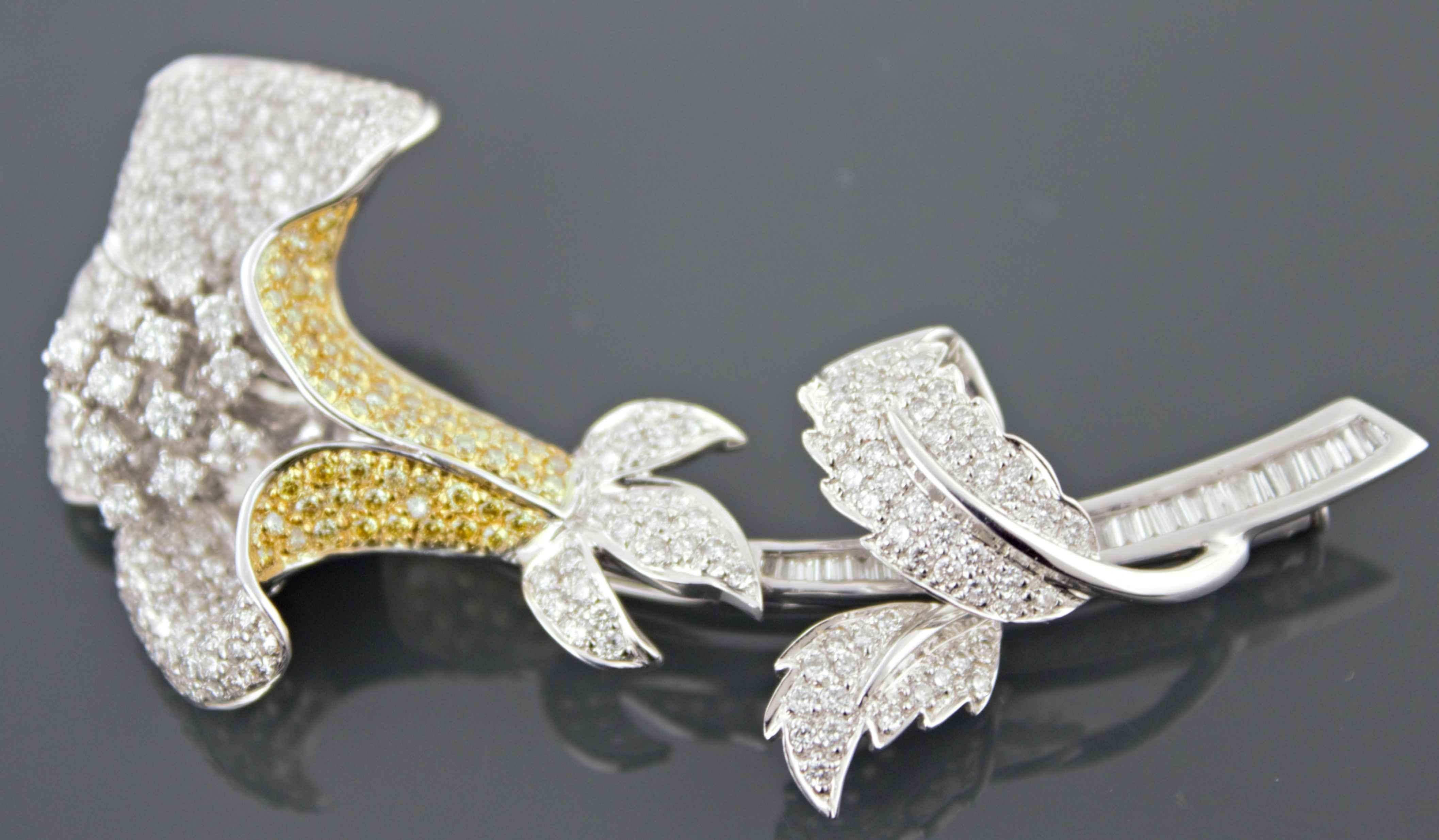 Diamond, Treated Yellow Diamond, 18k White Gold Flower Brooch For Sale 2