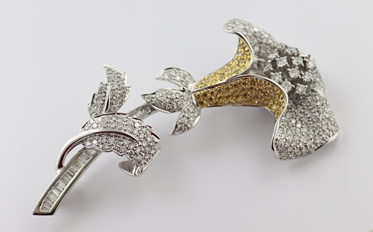 Diamond Treated Yellow Diamond 18k White Gold Flower Brooch For Sale
