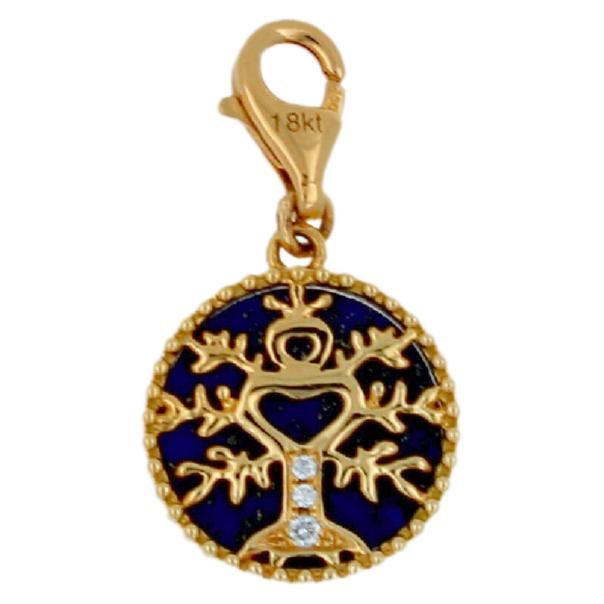 Diamond Tree of Life Flora Yellow Gold Medallion Charm Blue Lapis Lazuli Pendant For Sale