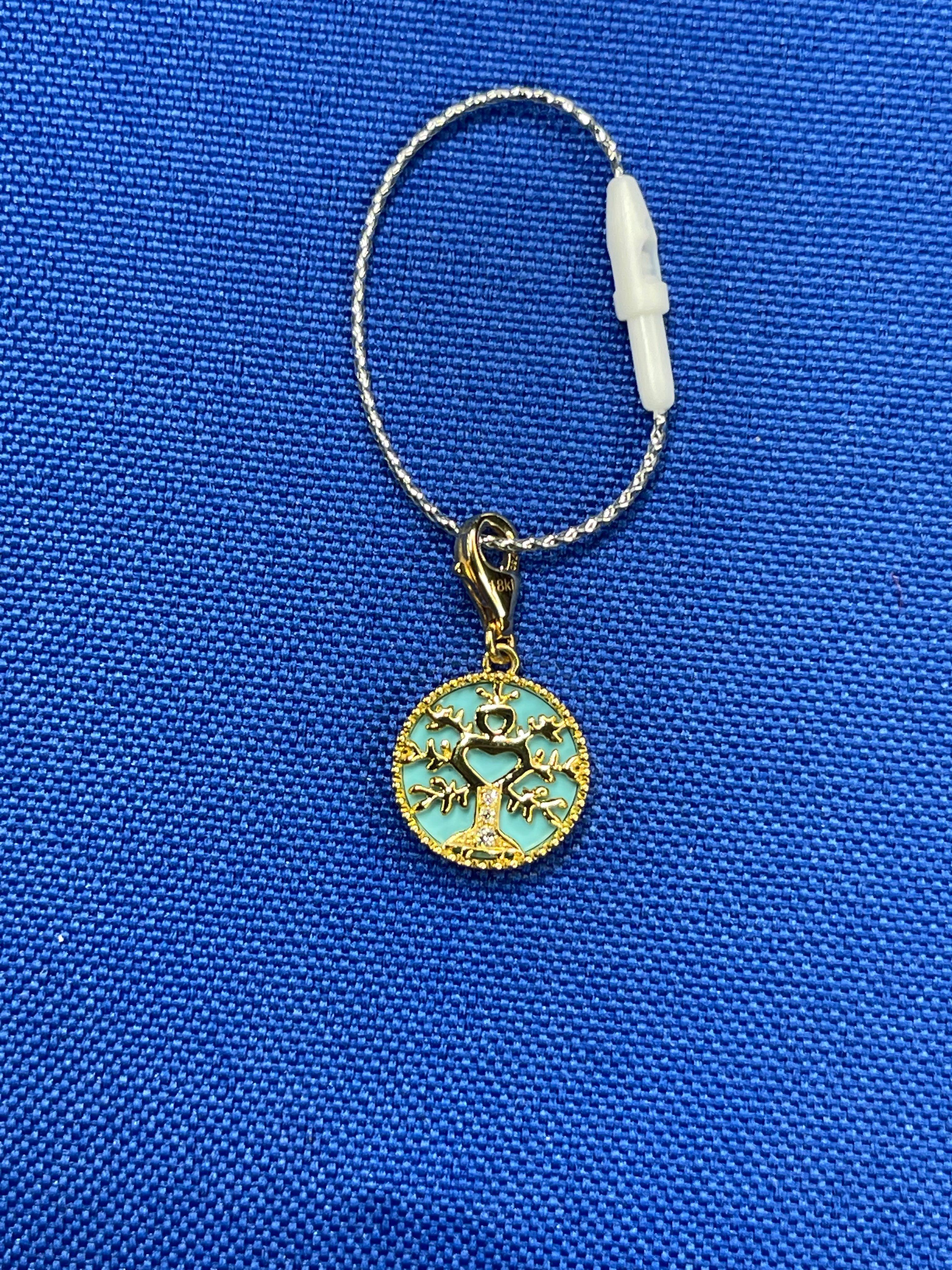 Modern Diamond Tree of Life Yellow Gold Medallion Charm Teal Blue Turquoise Pendant For Sale