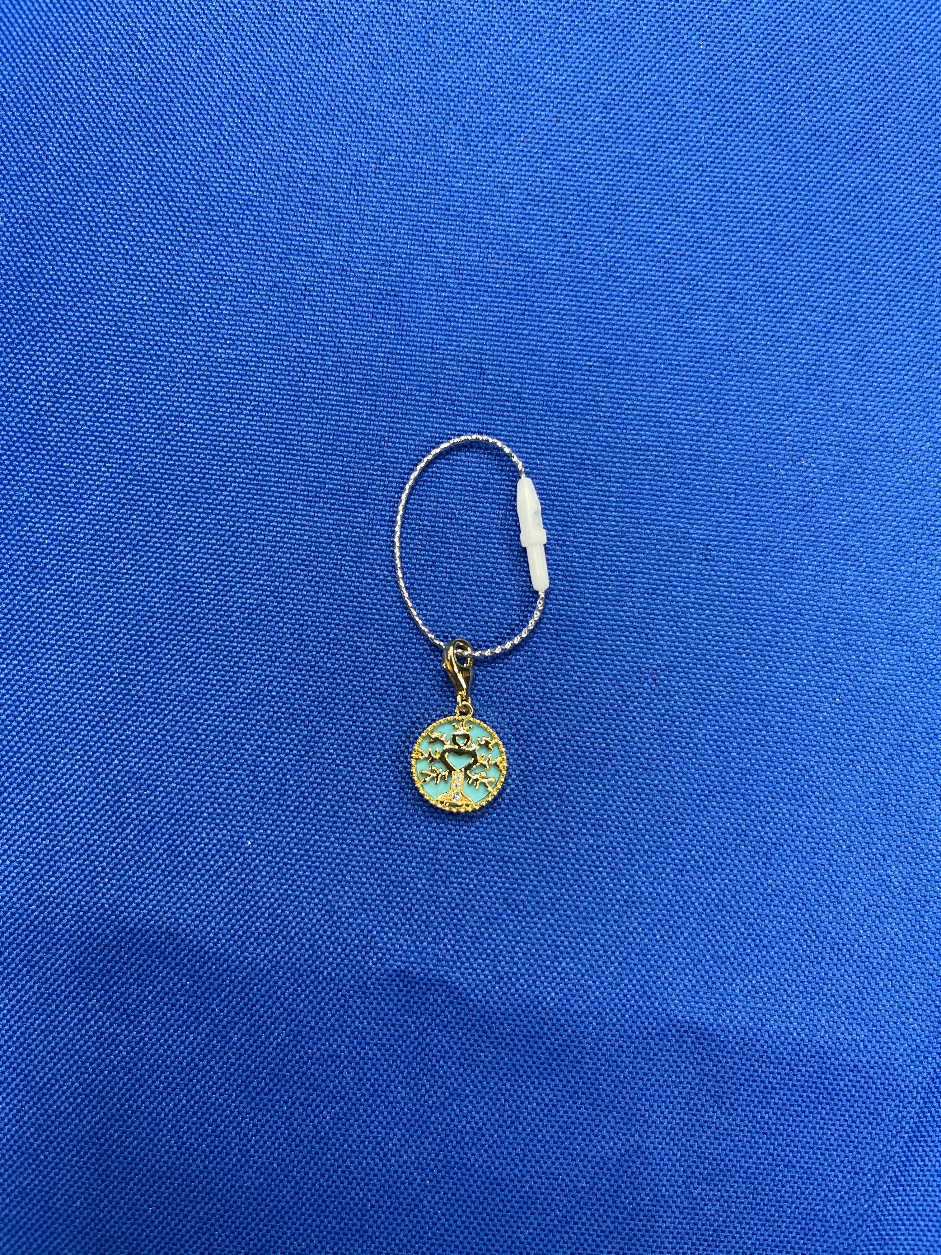 Round Cut Diamond Tree of Life Yellow Gold Medallion Charm Teal Blue Turquoise Pendant For Sale
