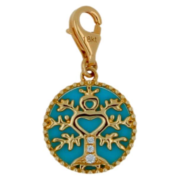 Diamond Tree of Life Yellow Gold Medallion Charm Teal Blue Turquoise Pendant For Sale