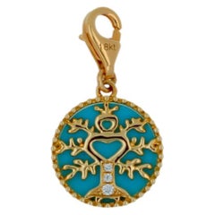 Diamond Tree of Life Yellow Gold Medallion Charm Teal Blue Turquoise Pendant
