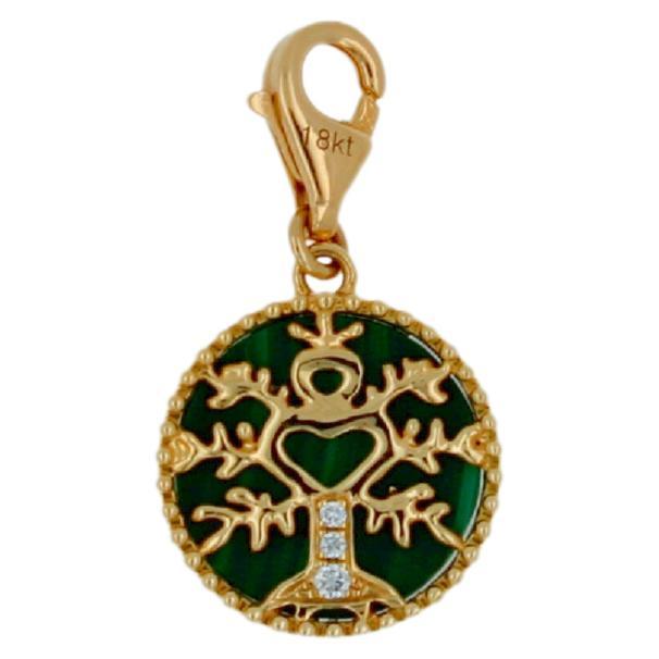 Diamond Tree of Life Yellow Gold Medallion Charm Green Malachite Pendant For Sale