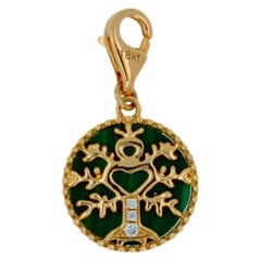 Diamond Tree of Life Yellow Gold Medallion Charm Green Malachite Pendant