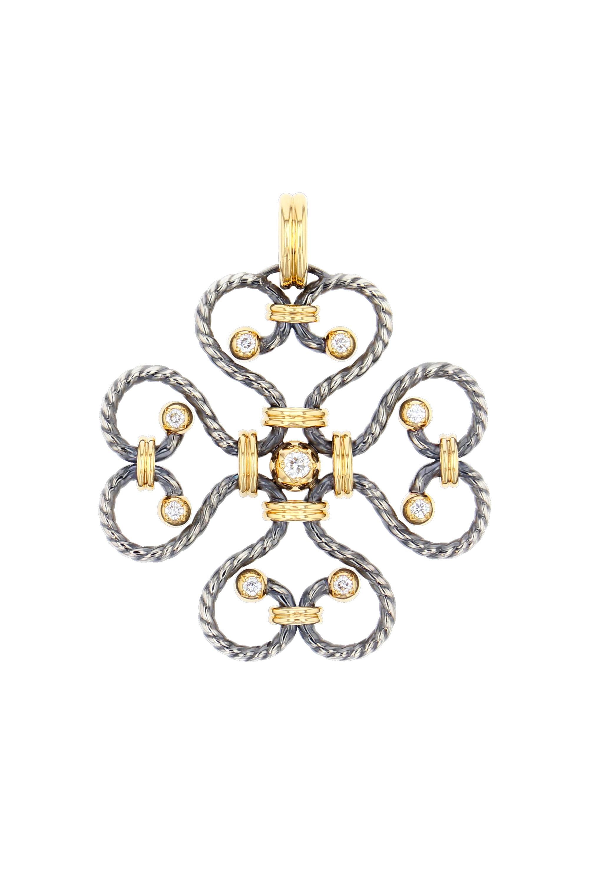 Trèfle charm, serpentine twist of distressed silver punctuated with gold and silver balls set with a diamond held by a set of gold rings. Openable gold bail. 

Sold without chain.

Available with chain on request. 

Details:
GVS Diamonds: 0.45