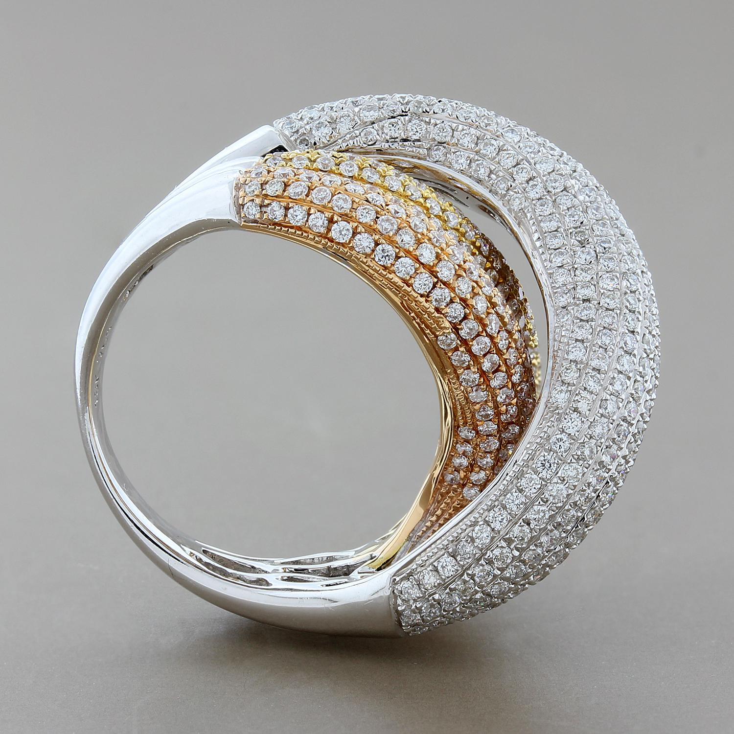 Diamond Tri-Tone Gold Crossover Ring In New Condition In Beverly Hills, CA