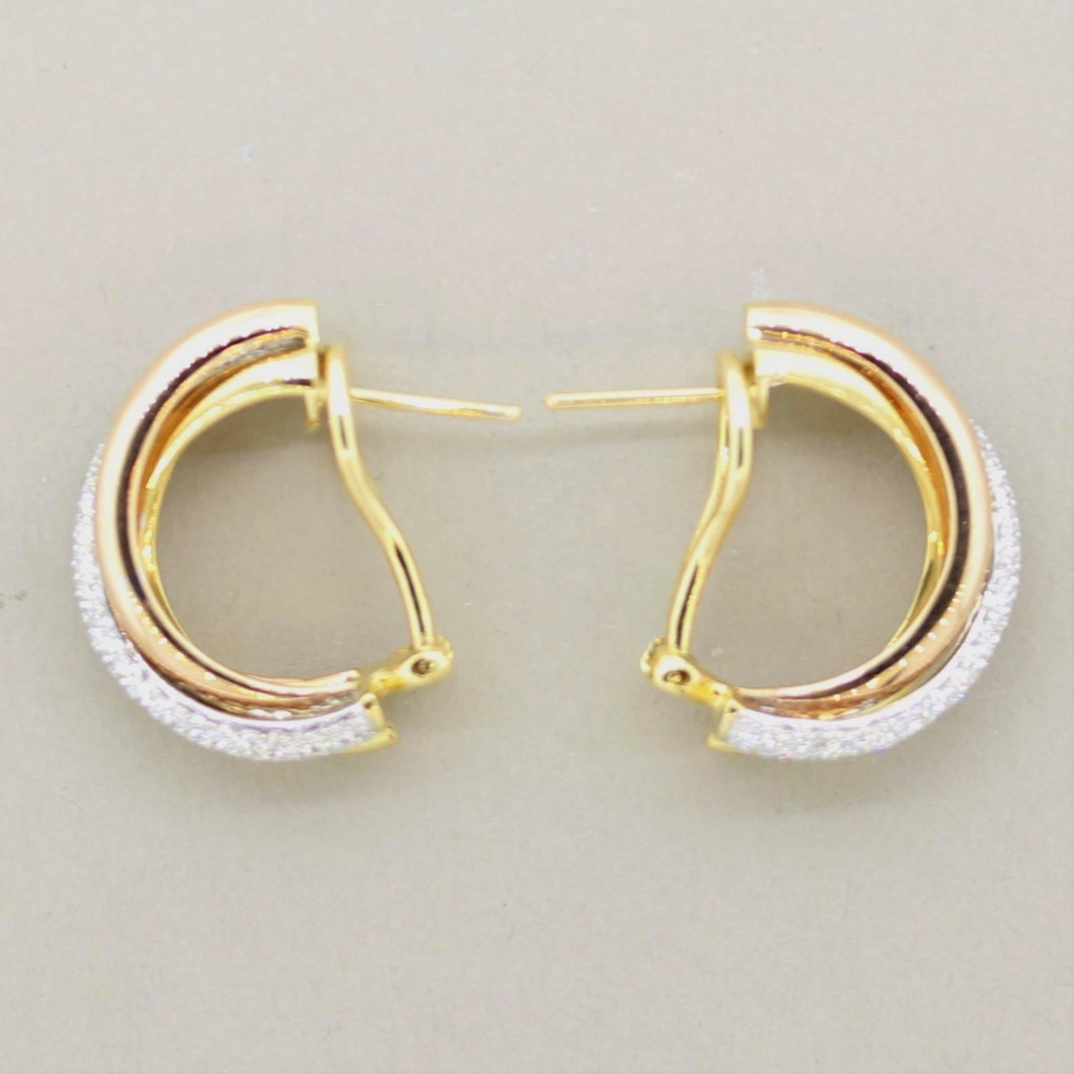 Diamond Tri-Tone Gold Hoop Earrings In New Condition For Sale In Beverly Hills, CA