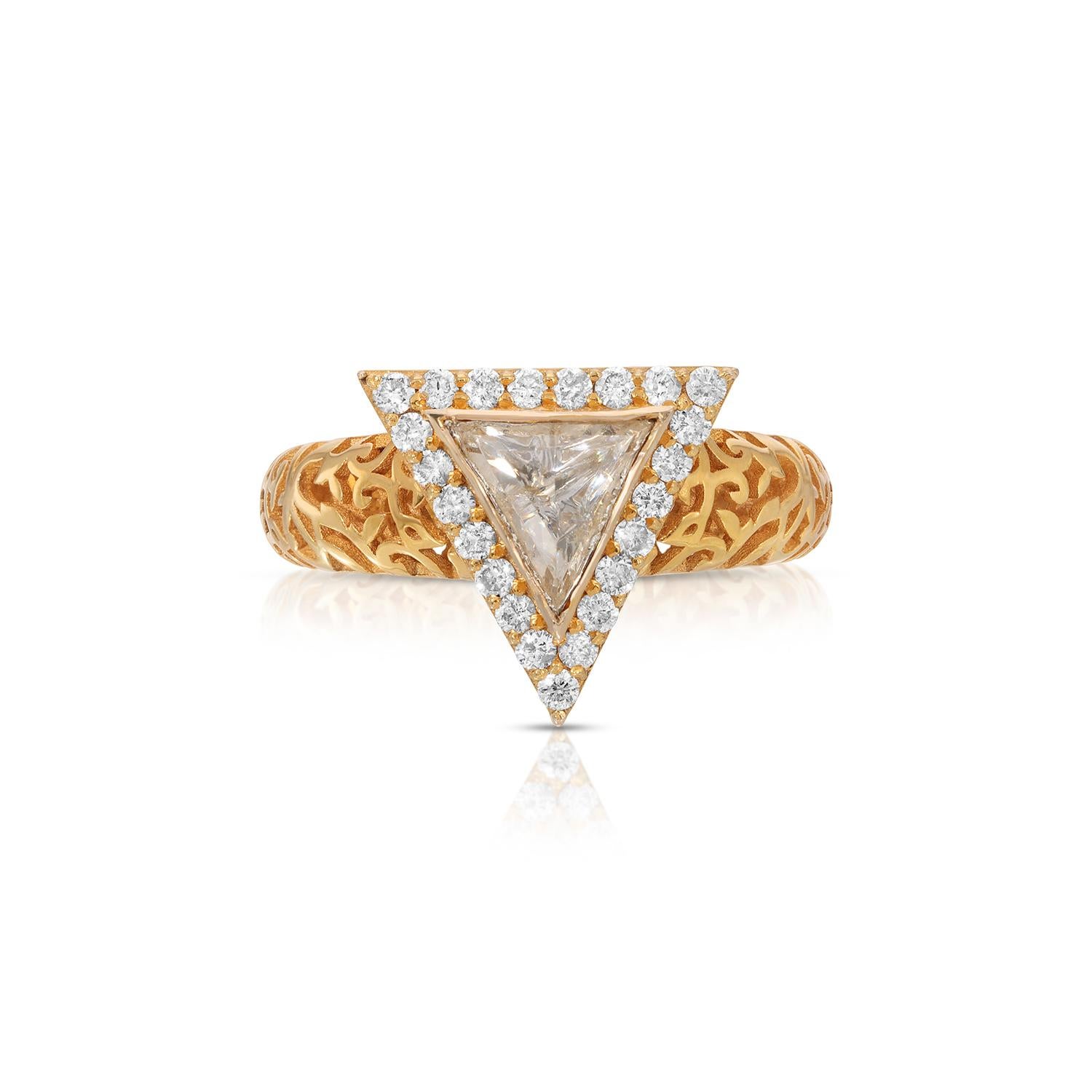 Diamond Triage Filigree Dress Ring. A stunningly beautiful dress ring featuring a rose cut diamond of exceptional color and clarity in a triangular cut set with brilliant cut diamonds in a hand crafted gold filigree gold band. A truly gorgeous ring