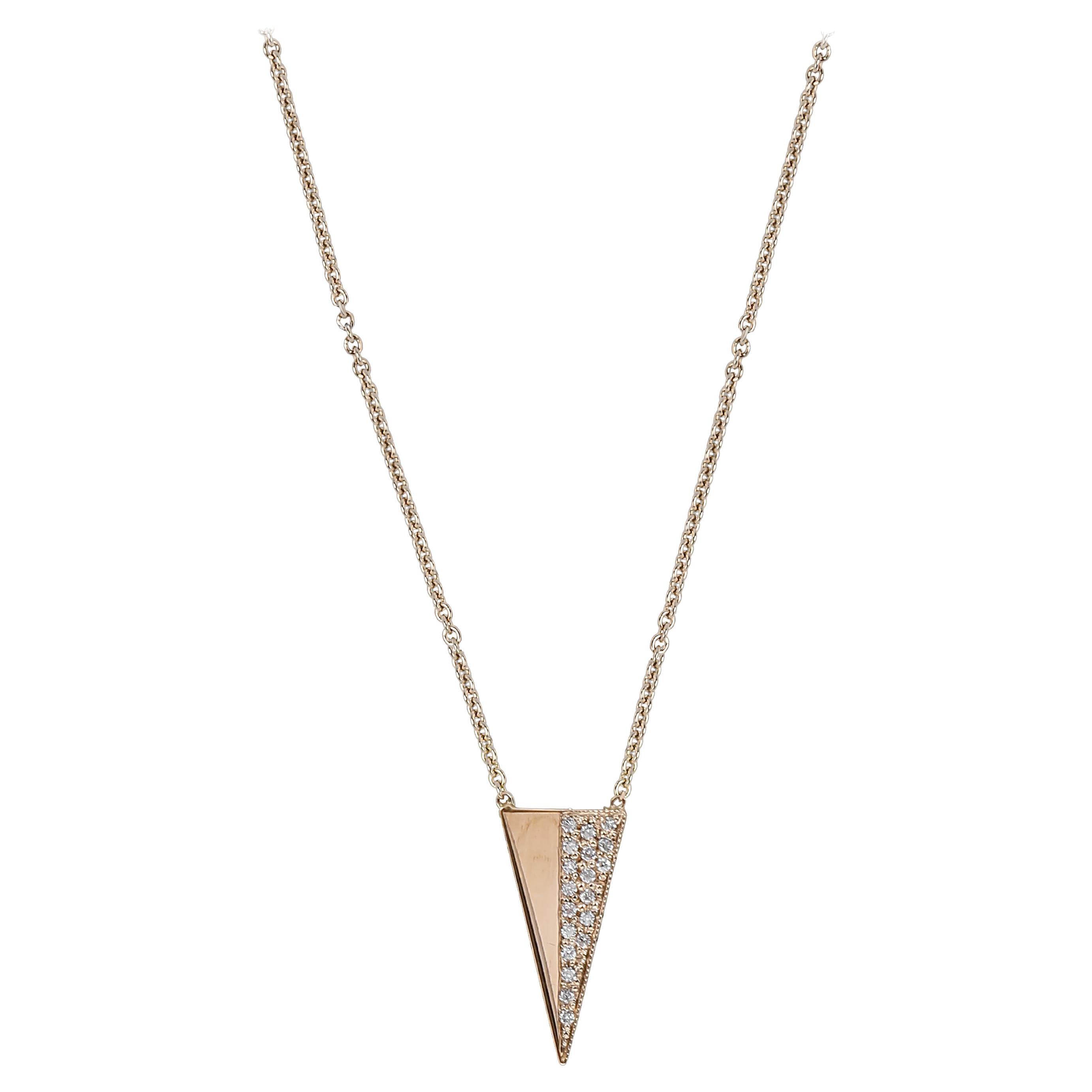 Diamond Triangle Pendant Necklace 14K Yellow Gold For Sale