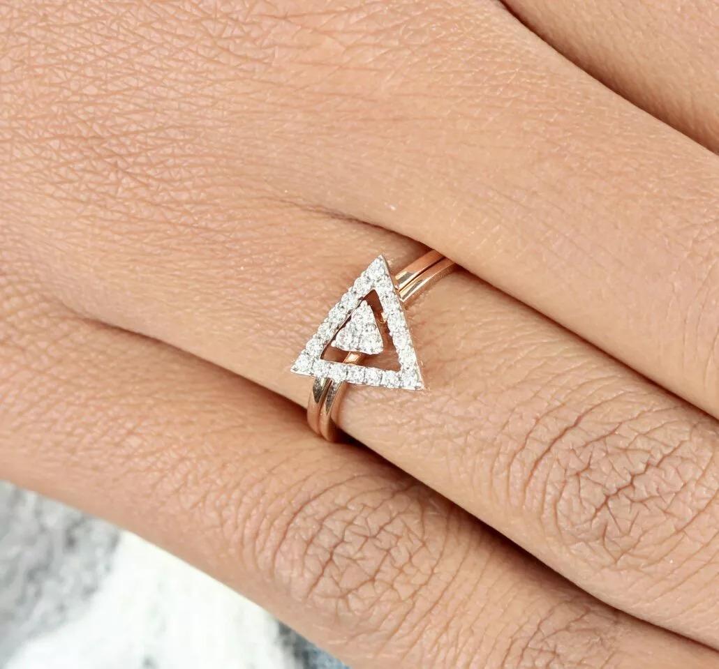 Women's or Men's Diamond Triangle Shape Double Stackable Band Ring 14k Gold Wedding Ring Gift. For Sale