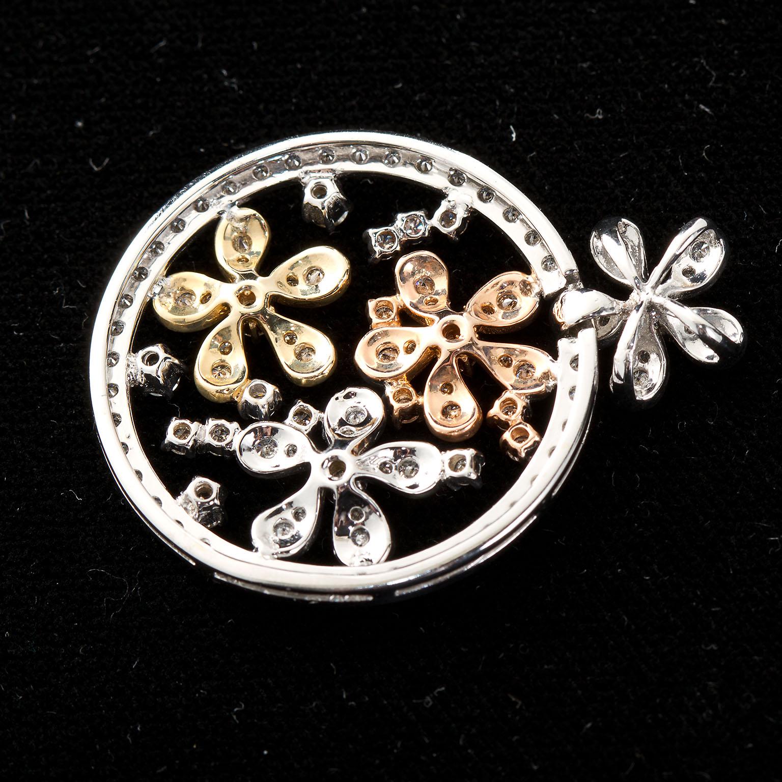 Diamond Tricolor Gold Florets Circle Pendant In Excellent Condition For Sale In Lakewood, NJ