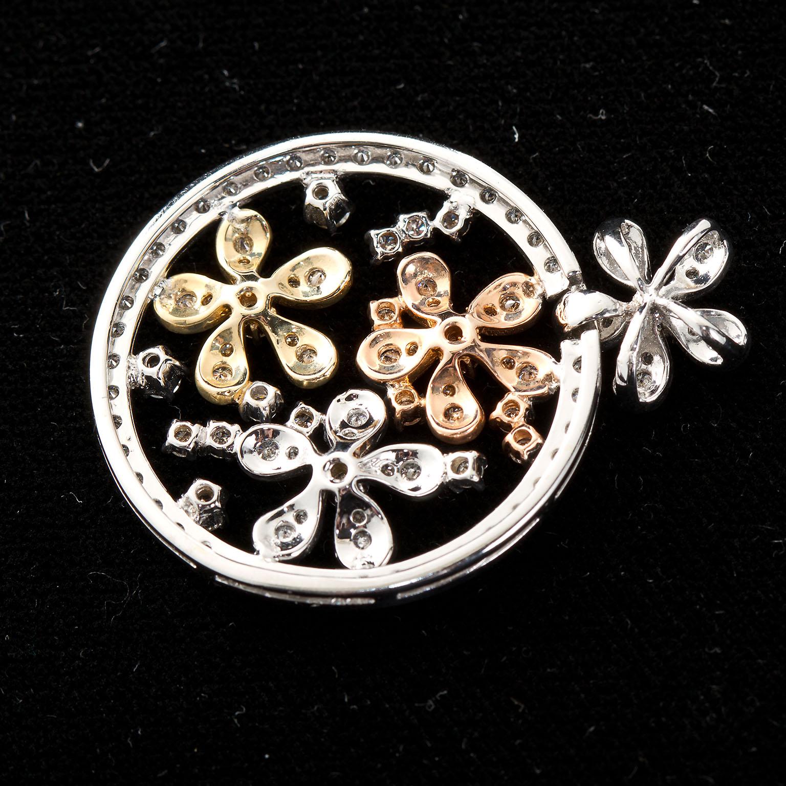 Diamond Tricolor Gold Florets Circle Pendant In Excellent Condition In Lakewood, NJ