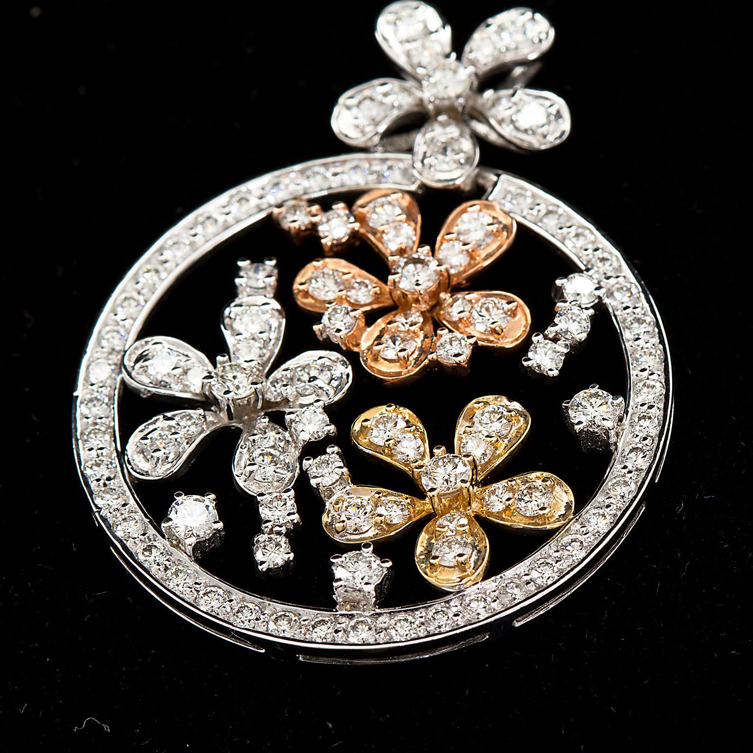 Women's Diamond Tricolor Gold Florets Circle Pendant For Sale