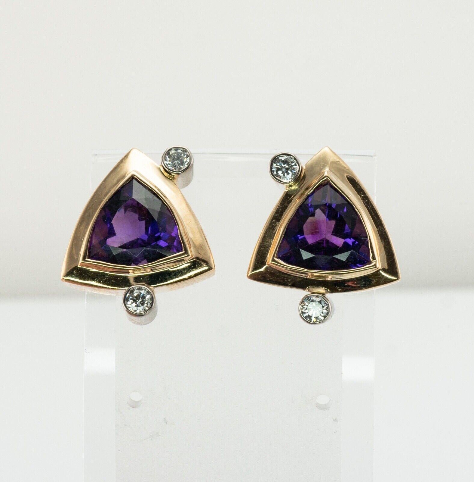 This gorgeous and unusual estate pair of earrings is crafted in solid 14K Yellow gold (carefully tested and guaranteed), and set with genuine Earth mind gemstones: Amethyst and Diamonds. Each trillion cut amethyst measures 9mm (2.20 carats each.