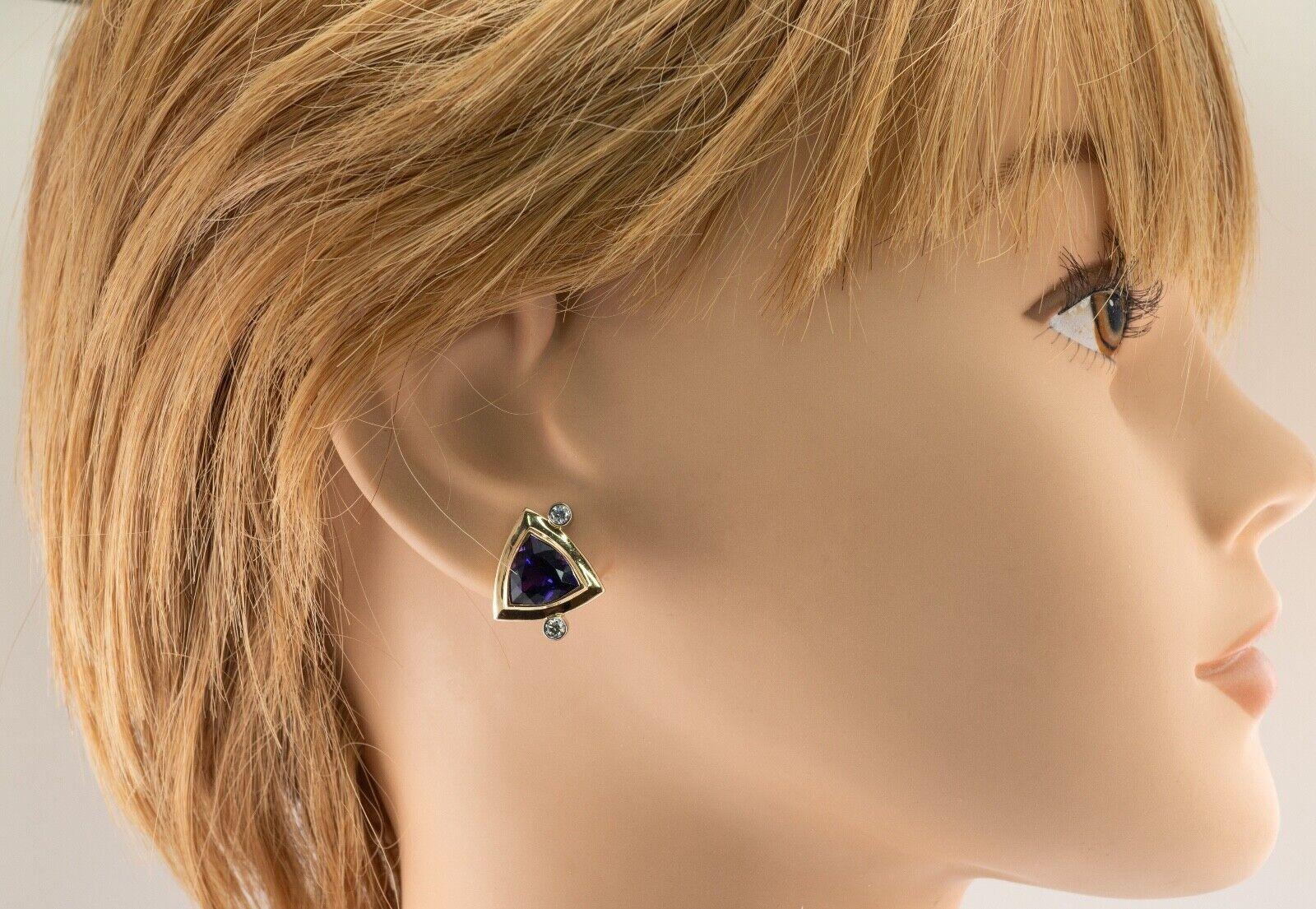 Women's Diamond Trillion Amethyst Earrings 14K Yellow Gold For Sale
