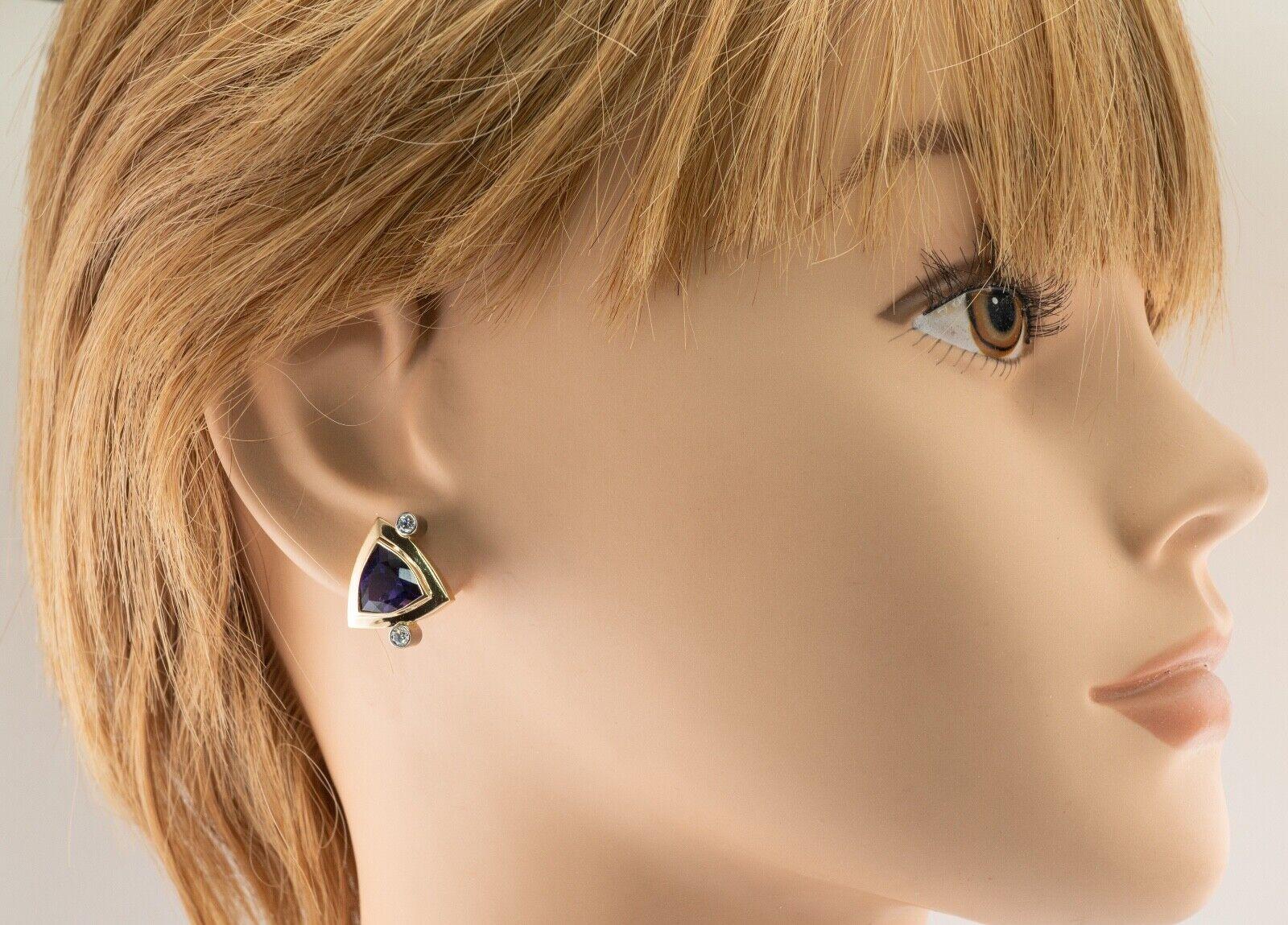 Diamond Trillion Amethyst Earrings 14K Yellow Gold For Sale 3